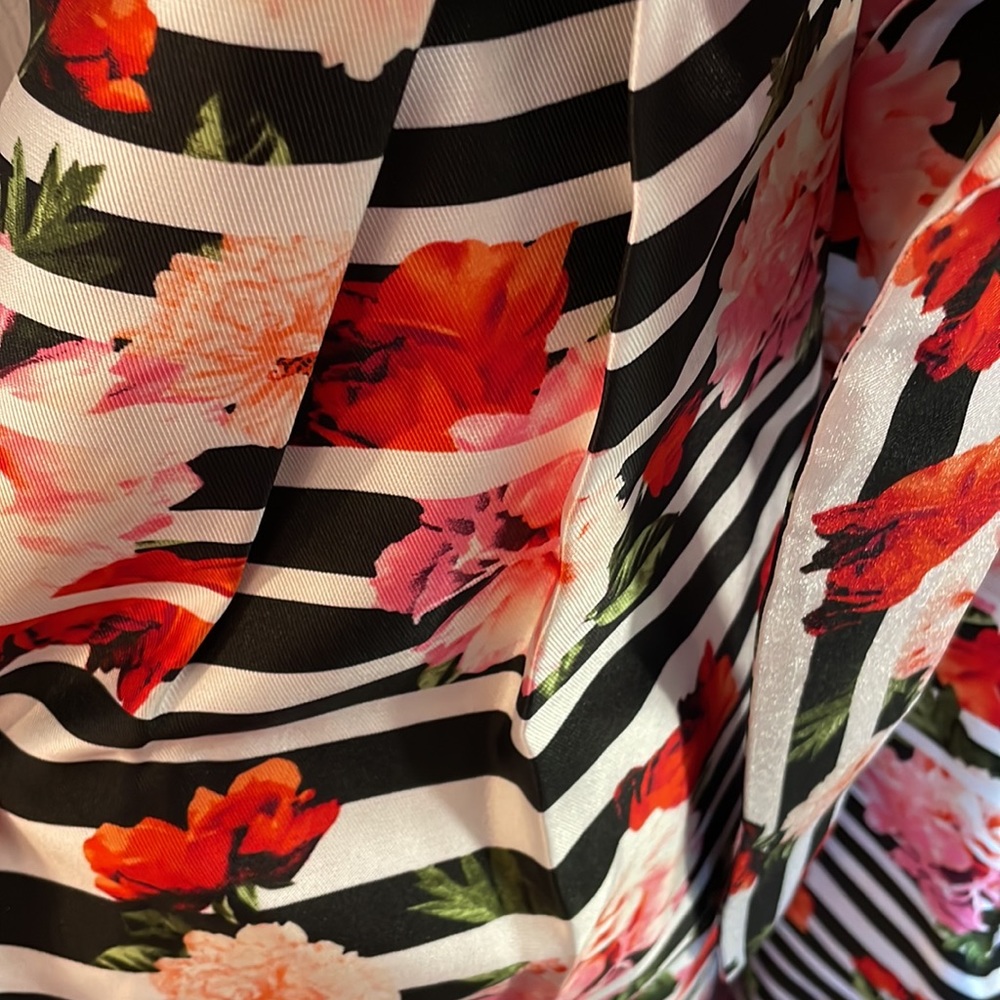 SLNY FIT AND FLARE MIDI SLEEVELESS JEWEL NECK DRESS BLACK PINK FLORAL STRIPES 16 - Picture 8 of 14